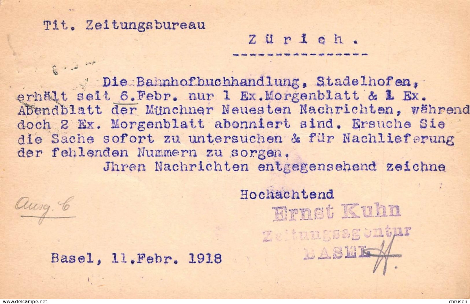 Basel Zeitungsagentur Ernst Kuhn  Firmen Gewerbestempel Besonderheiten - Stamped Stationery
