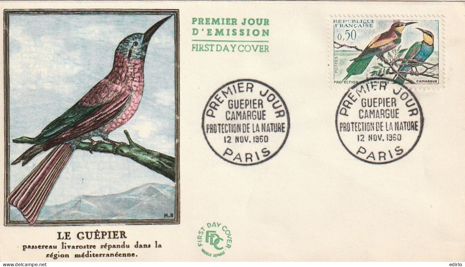///   FRANCE ///    PREMIER JOUR ---   Fdc  Oiseaux  LE GUEPIER - 1960-1969