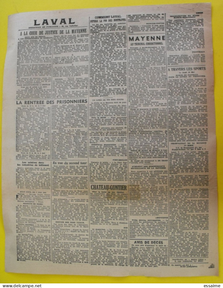 Journal Le Maine Libre Du 8 Mai 1945. Guerre L'Allemagne A Capitulé Reddition Signée à Reims. Doenitz Jodl Laval Mayenne - Autres & Non Classés