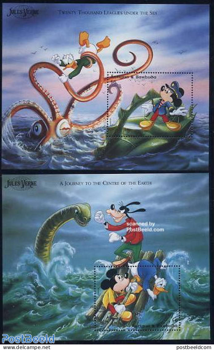 Antigua & Barbuda 1996 Jules Verne, Disney 2 S/s, Mint NH, Nature - Prehistoric Animals - Art - Authors - Disney - Jul.. - Preistorici