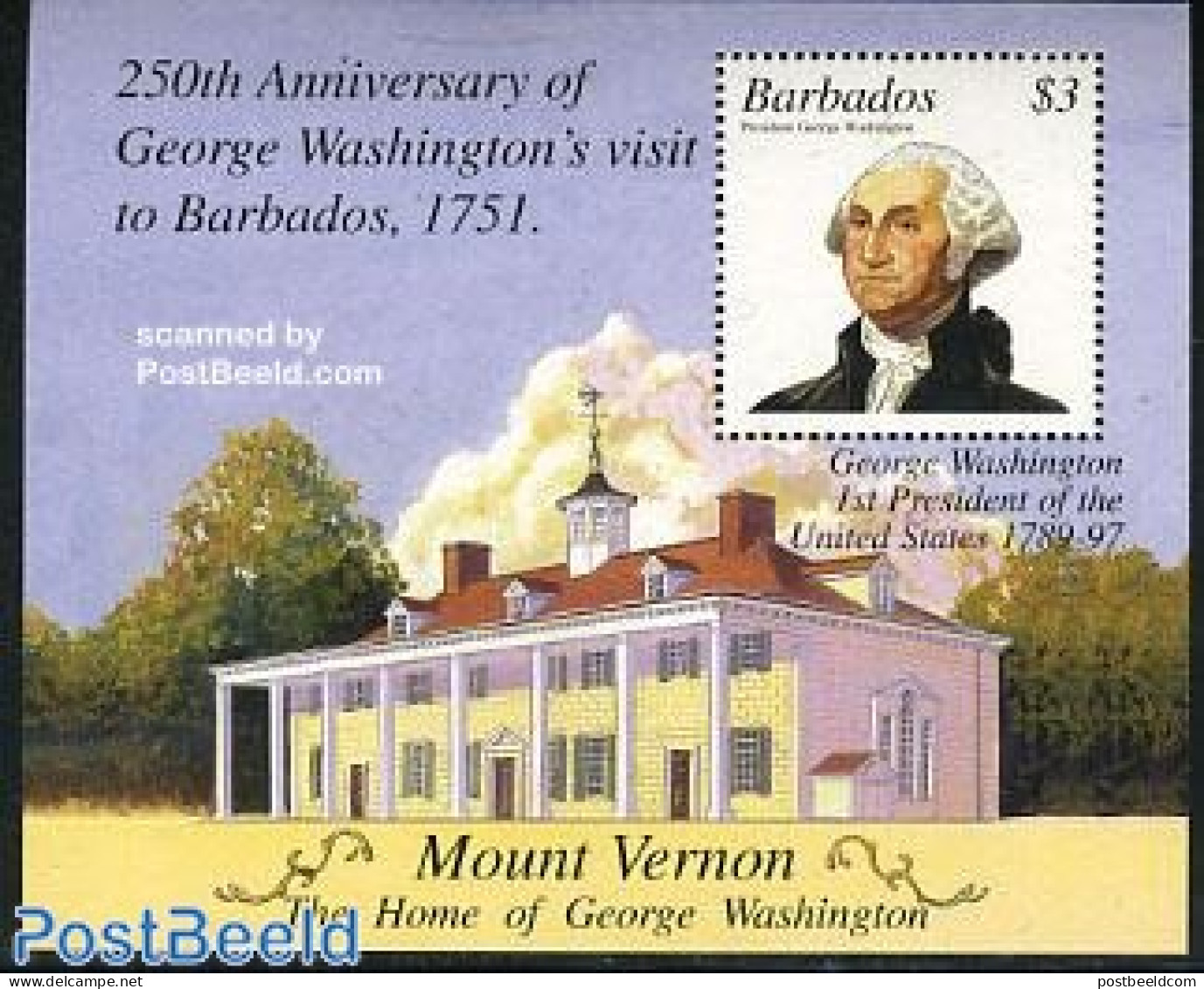 Barbados 2001 George Washington S/s, Mint NH, History - American Presidents - Barbados (1966-...)