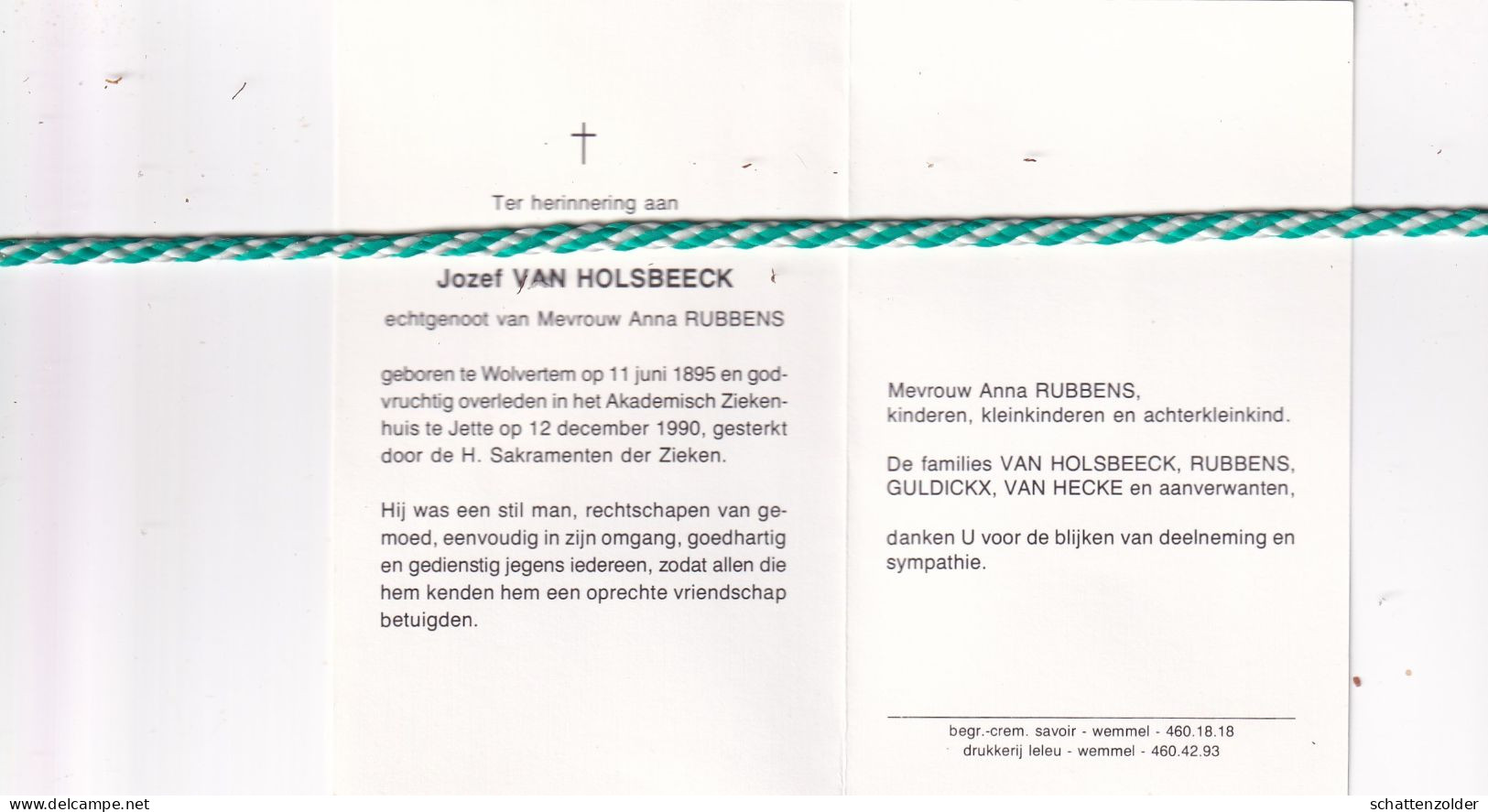 Jozef Van Holsbeeck-Rubbens, Wolvertem 1895, Jette 1990 - Obituary Notices