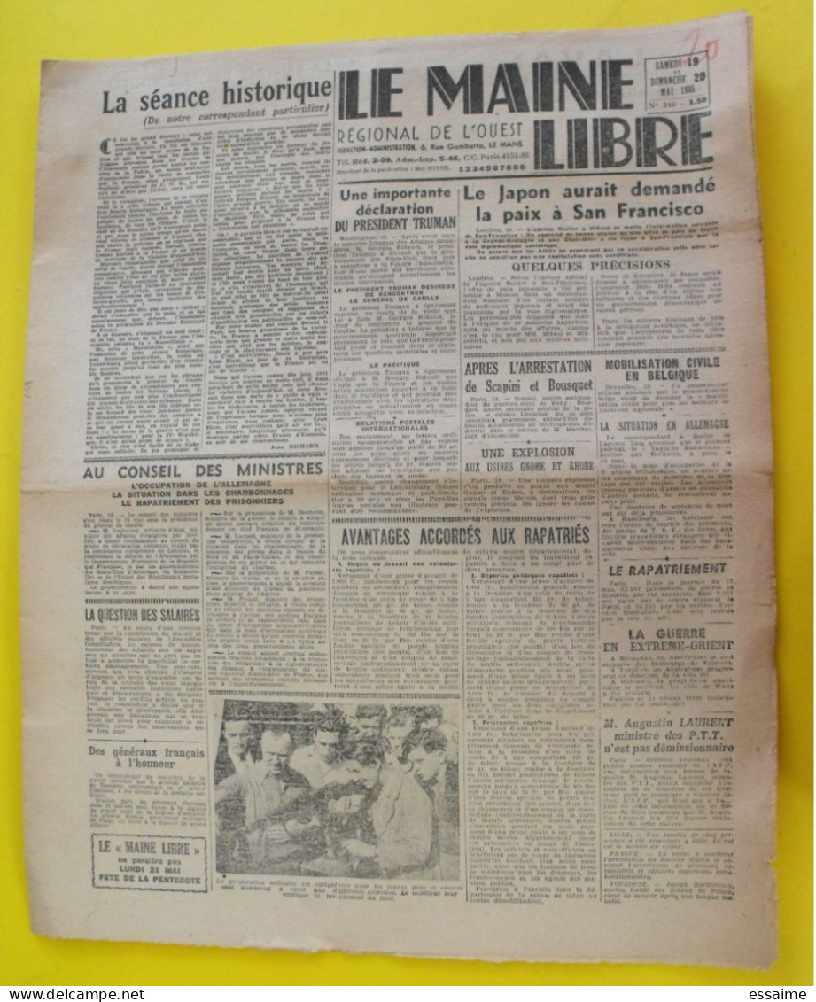 Journal Le Maine Libre Du 1 Mai 1945. Guerre Japon épuration Bousquet Scapini Truman De Gaulle  Laval Mayenne - Other & Unclassified