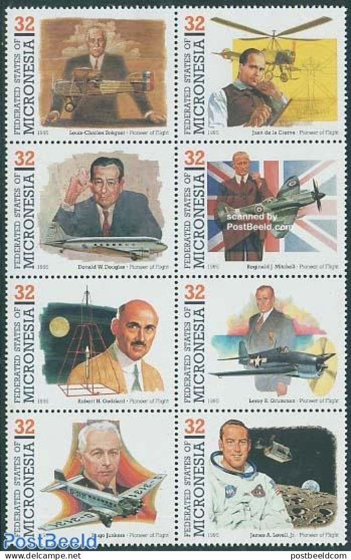 Micronesia 1995 Aviation Pioneers 8v [+++], Mint NH, Transport - Helicopters - Aircraft & Aviation - Space Exploration - Hélicoptères