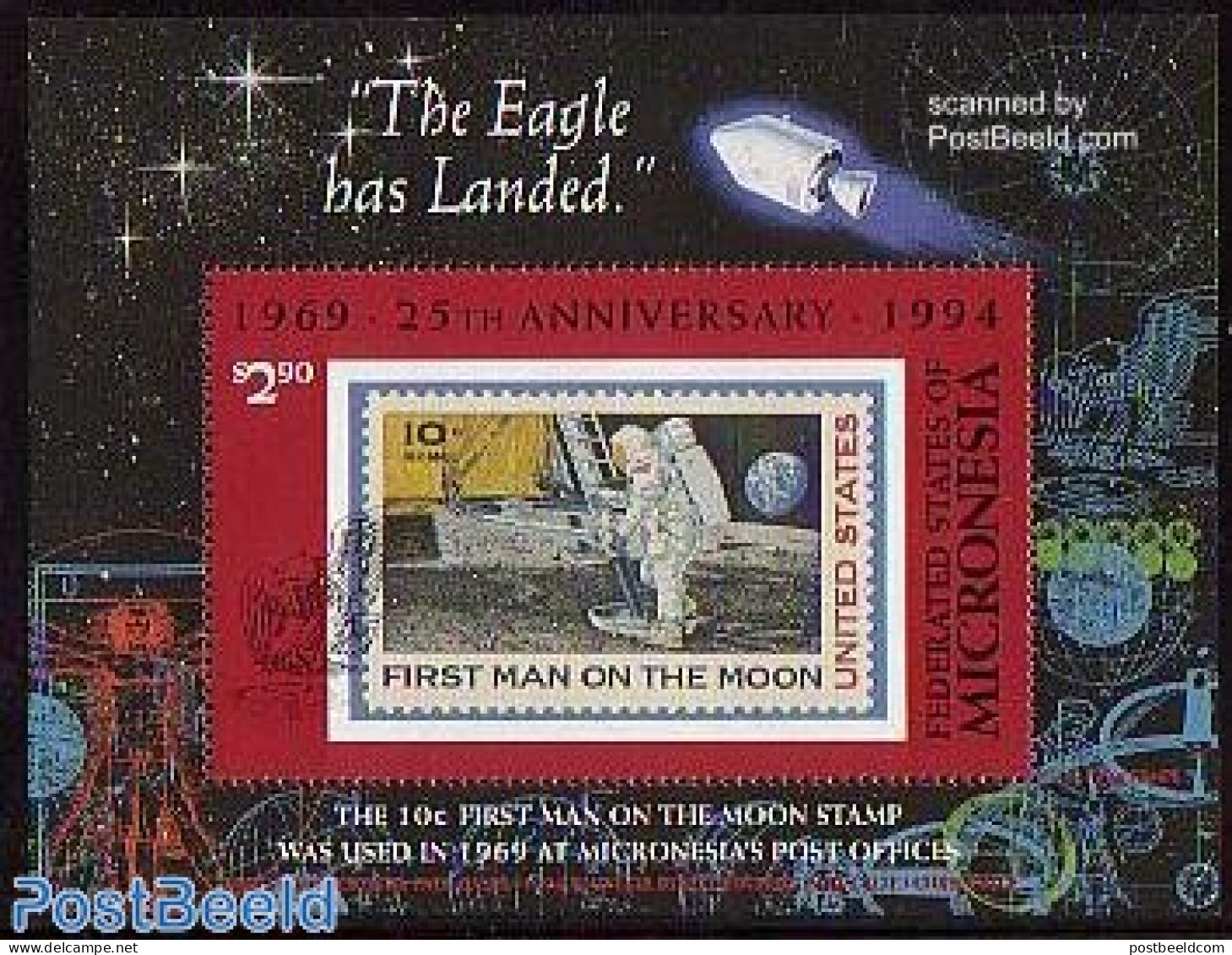 Micronesia 1994 Moonlanding S/s, Mint NH, Transport - Stamps On Stamps - Space Exploration - Postzegels Op Postzegels