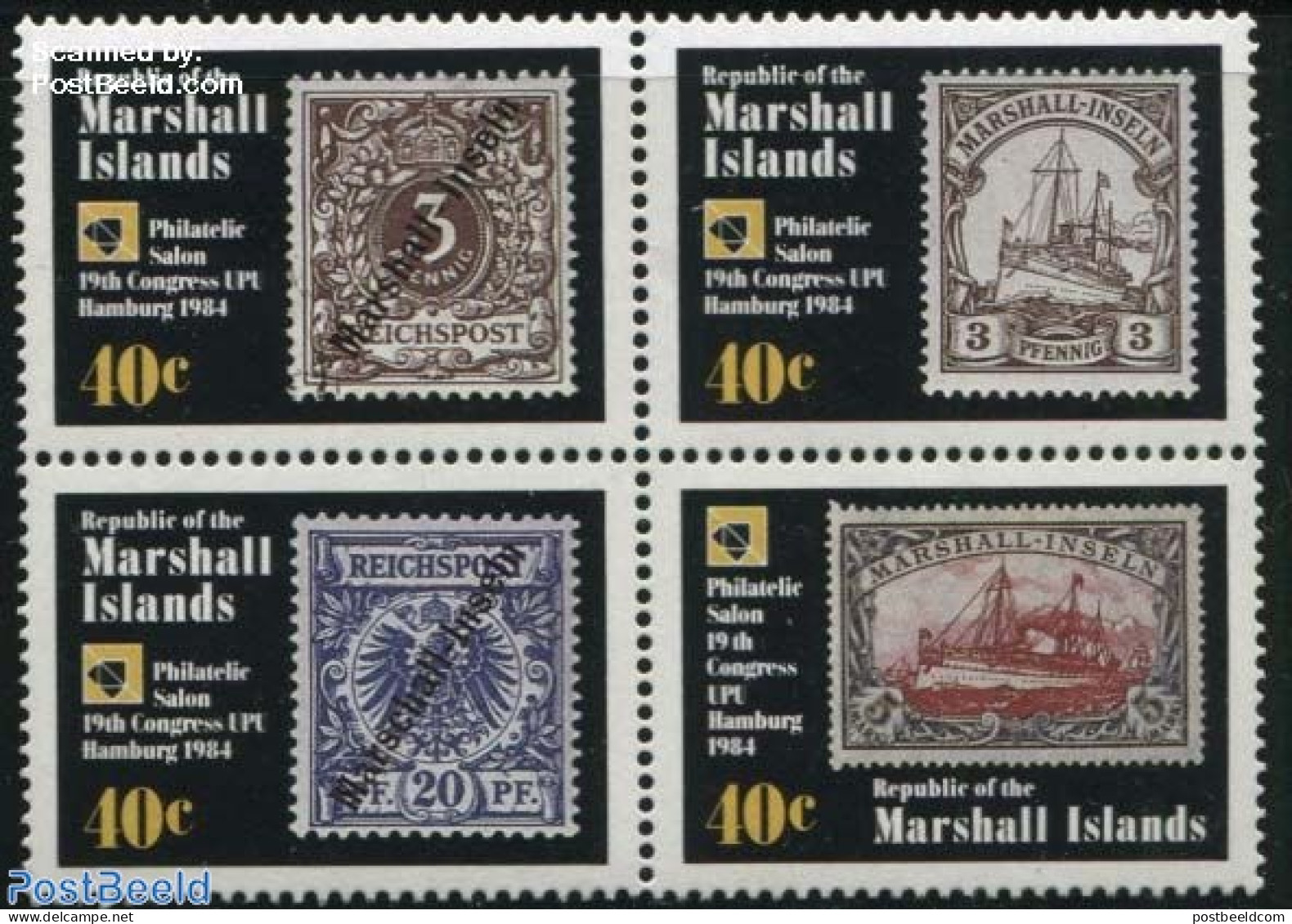 Marshall Islands 1984 World Postal Congress 4v [+], Mint NH, History - Transport - Germans - Stamps On Stamps - Ships .. - Briefmarken Auf Briefmarken