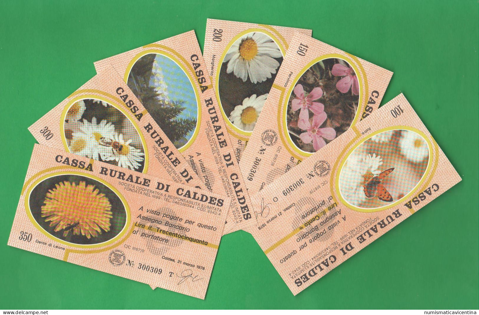 Trento Caldes Cassa Rurale 6 Miniassegni 1978 Da 100 150 200 250 300 350 Lire Fiori Fleurs Flowers - [10] Cheques En Mini-cheques