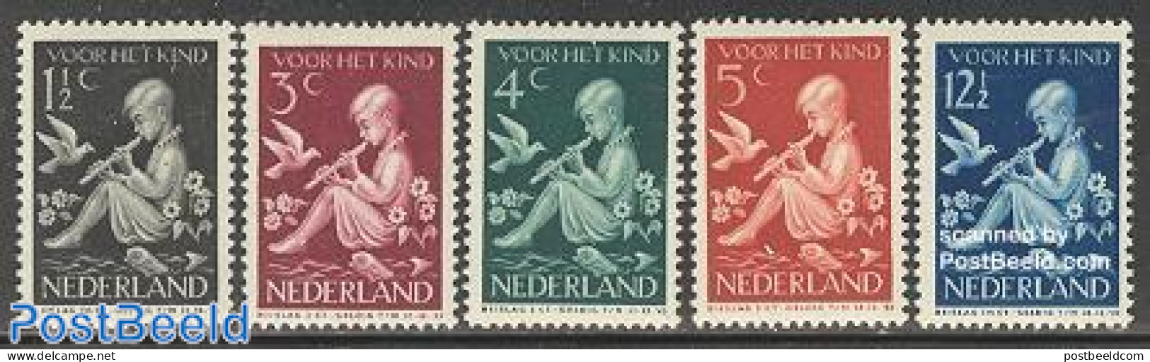 Netherlands 1938 Child Welfare 5v, Unused (hinged), Nature - Performance Art - Birds - Fish - Music - Musical Instrume.. - Nuovi