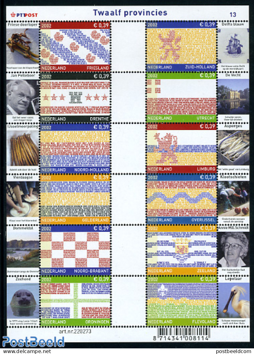 Netherlands 2002 Twelve Provinces 12v M/s, Mint NH, Health - History - Nature - Transport - Food & Drink - Flags - Bir.. - Ungebraucht