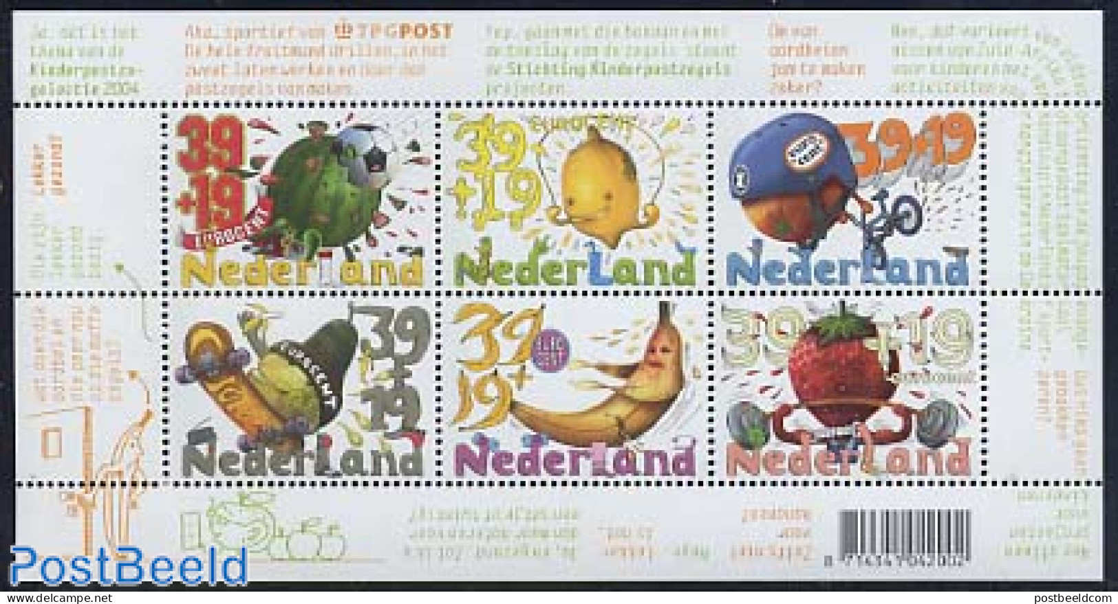 Netherlands 2004 Child Welfare 6v M/s, Mint NH, Nature - Sport - Fruit - Cycling - Fun Sports - Neufs