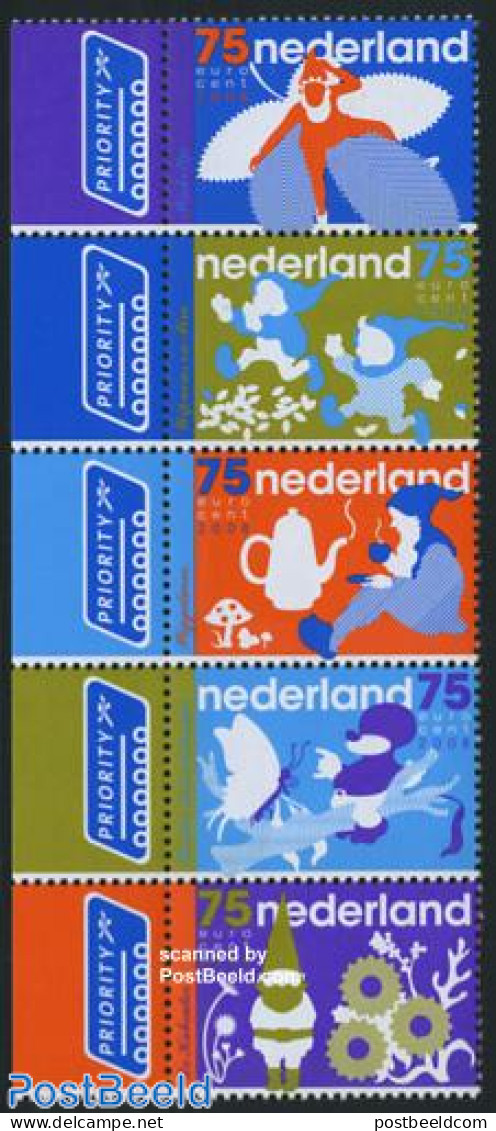 Netherlands 2008 Goblins In Childrens Books 5v [::::]+tabs, Mint NH, Nature - Butterflies - Mushrooms - Art - Children.. - Ongebruikt