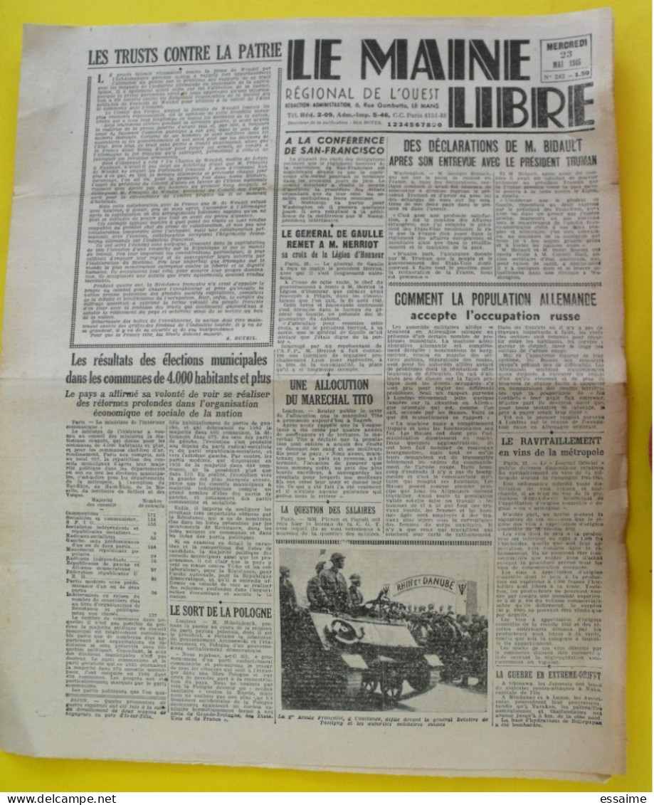 Journal Le Maine Libre Du 1 Mai 1945. Guerre Japon épuration Tito Pologne Herriot Bidault De Gaulle  Laval Mayenne - Other & Unclassified