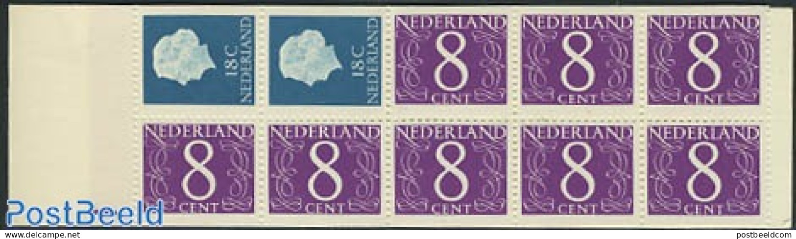 Netherlands 1965 2x18+8x8c Booklet, Purple Register Line, Mint NH, Stamp Booklets - Neufs
