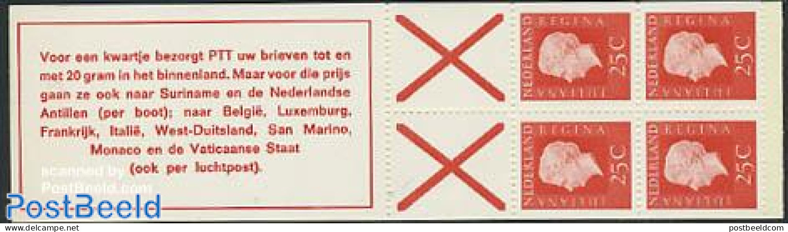 Netherlands 1970 4x25c Booklet, Phosphor, Text: Voor Een Kwartje Be, Mint NH, Stamp Booklets - Nuovi