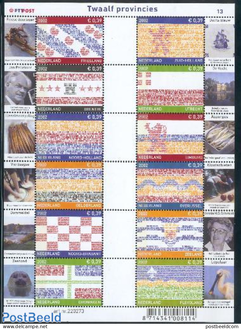 Netherlands 2002 Twelf Provinces 12v M/s, Mint NH, Health - History - Nature - Transport - Food & Drink - Flags - Bird.. - Neufs