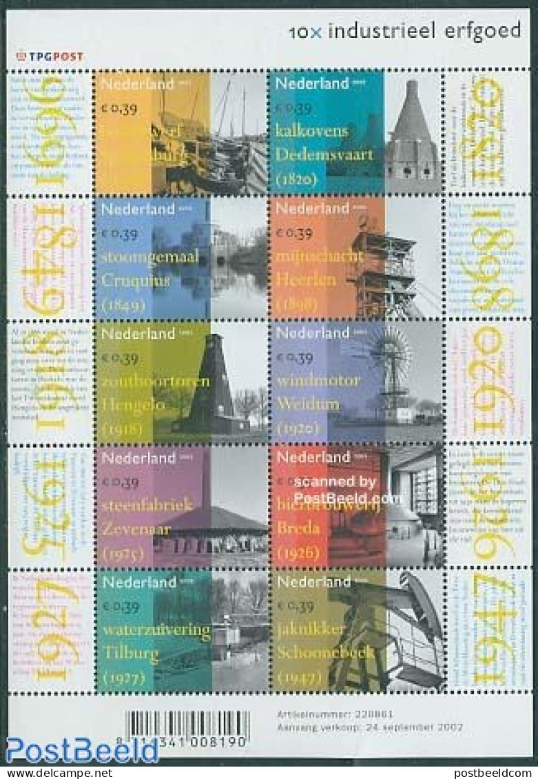 Netherlands 2002 Industrial Heritage 10v M/s, Mint NH, Health - Science - Transport - Various - Food & Drink - Mining .. - Unused Stamps