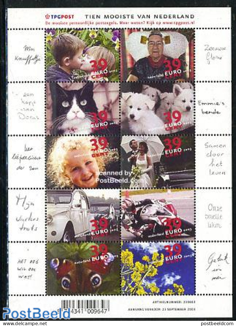 Netherlands 2003 Personal Beauties 10v M/s, Mint NH, Nature - Transport - Various - Butterflies - Cats - Dogs - Flower.. - Unused Stamps