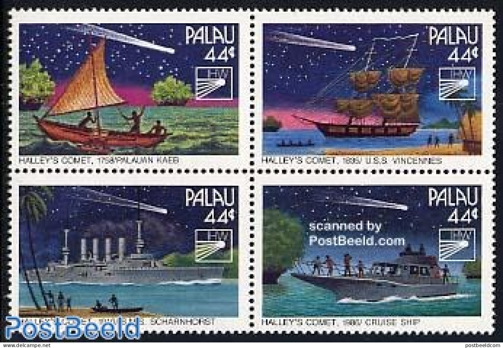Palau 1985 Halleys Comet 4v [+], Mint NH, Science - Transport - Astronomy - Ships And Boats - Halley's Comet - Astrologie