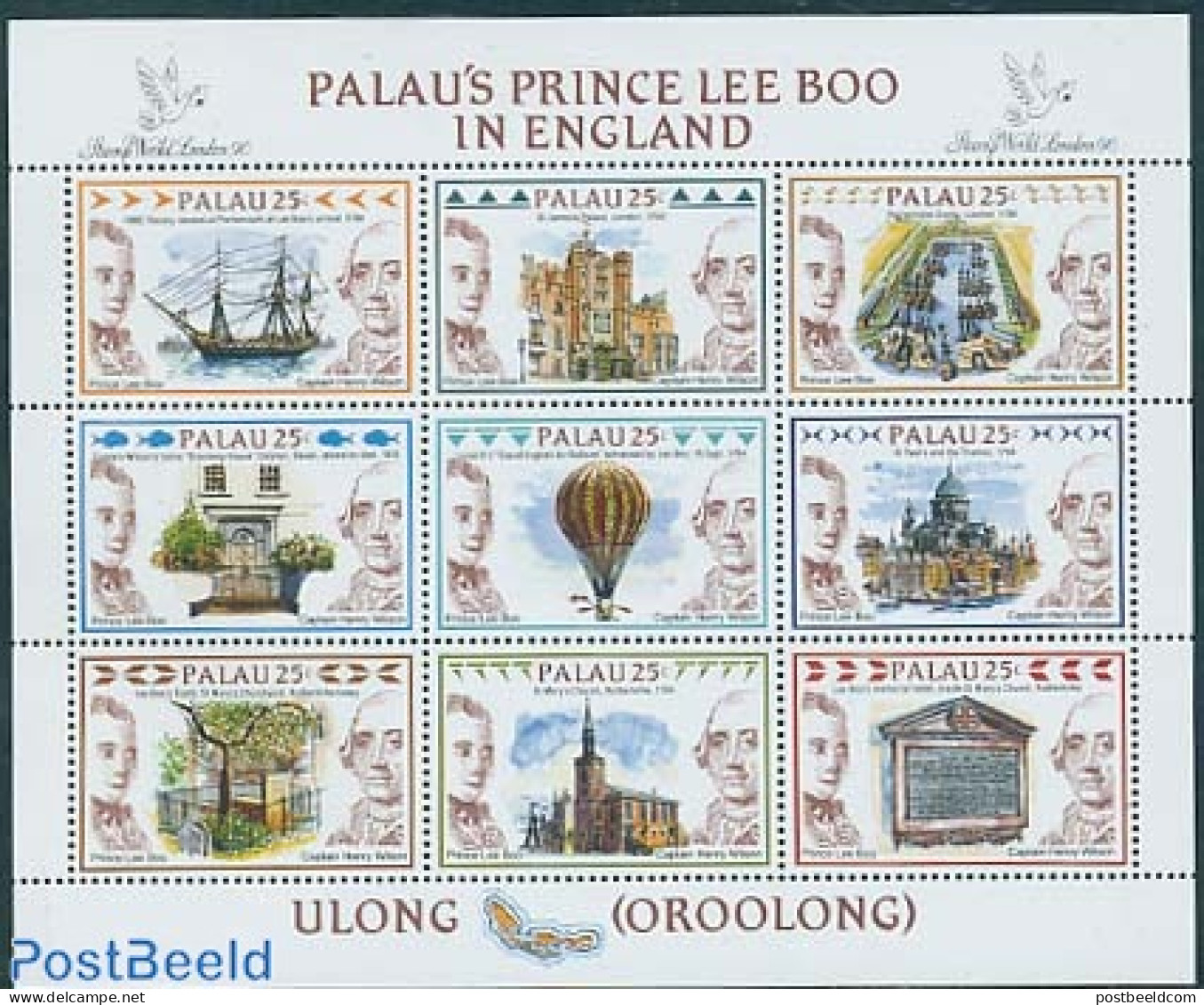 Palau 1990 Prince Lee Boo 9v M/s, Mint NH, Religion - Transport - Churches, Temples, Mosques, Synagogues - Balloons - .. - Churches & Cathedrals