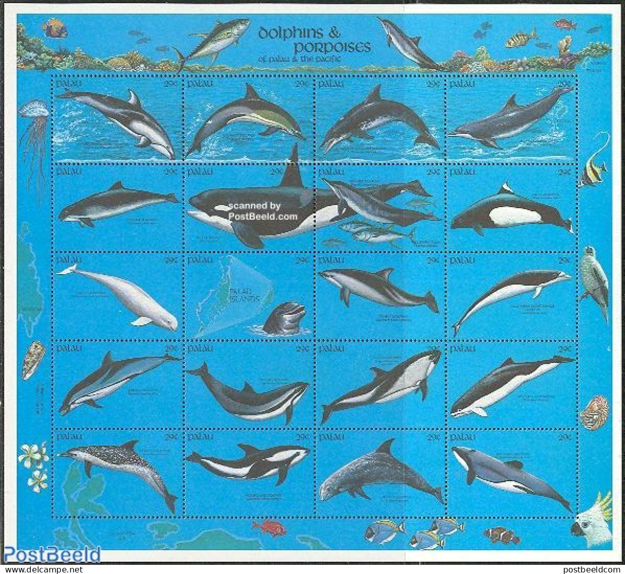 Palau 1991 Sea Mammals 20v M/s, Mint NH, Nature - Various - Sea Mammals - Maps - Geography