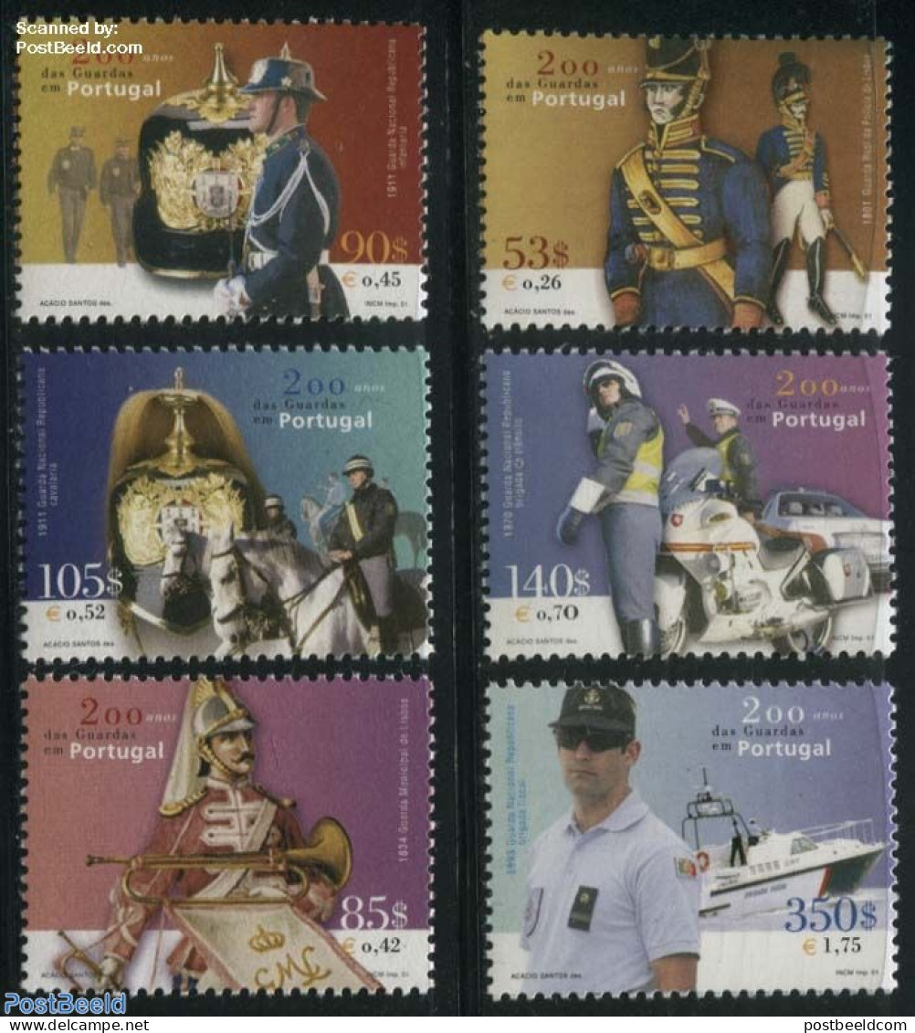 Portugal 2001 Guardas 200th Anniversary 6v, Mint NH, Nature - Transport - Various - Horses - Motorcycles - Ships And B.. - Unused Stamps