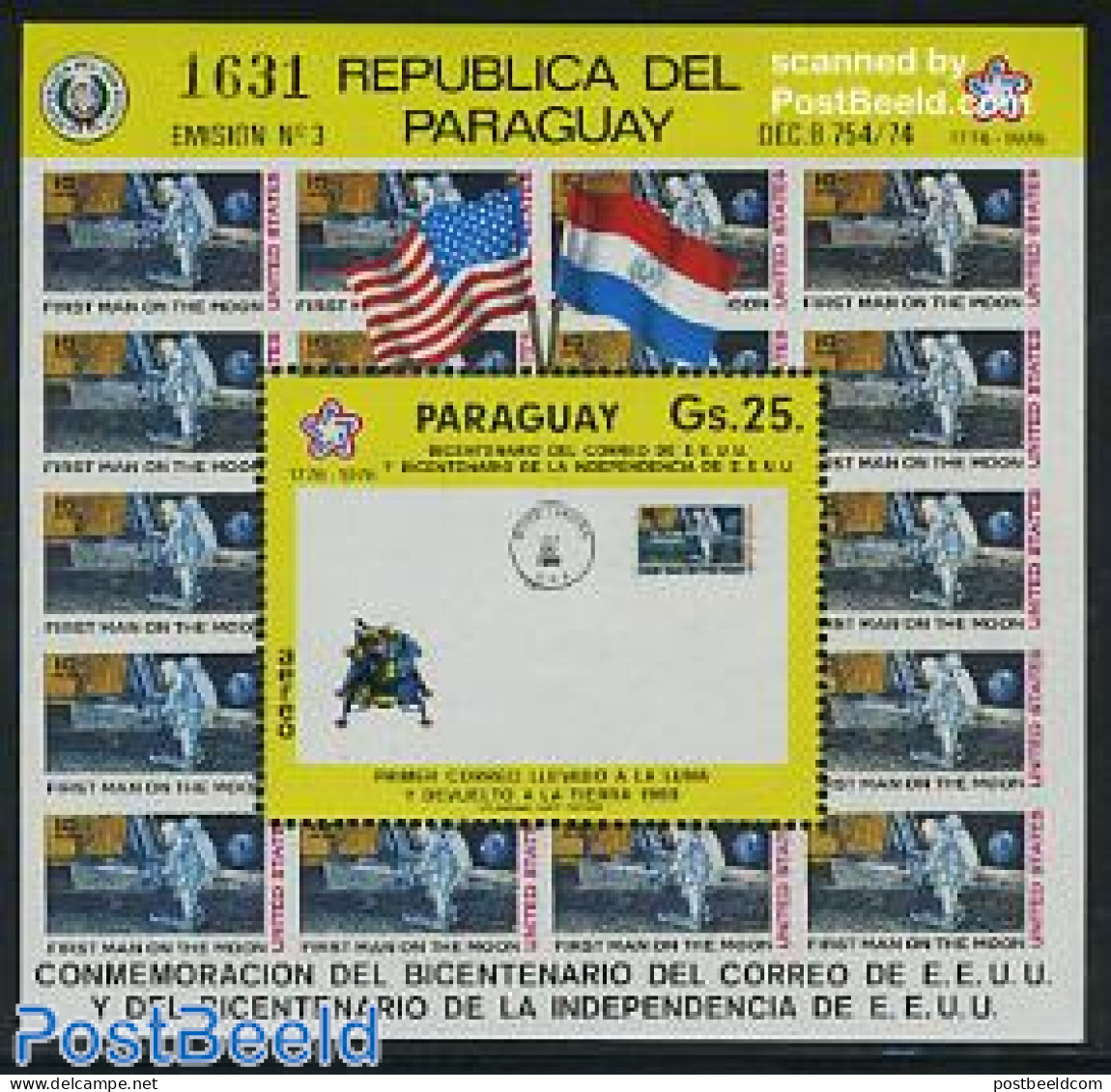 Paraguay 1976 Moon Letter S/s, Mint NH, Transport - Stamps On Stamps - Space Exploration - Postzegels Op Postzegels