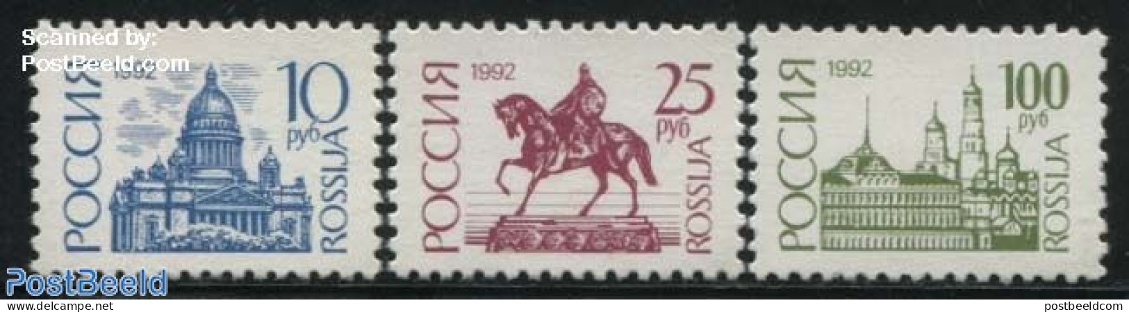 Russia 1992 Definitives 3v, Mint NH, Nature - Religion - Horses - Churches, Temples, Mosques, Synagogues - Churches & Cathedrals