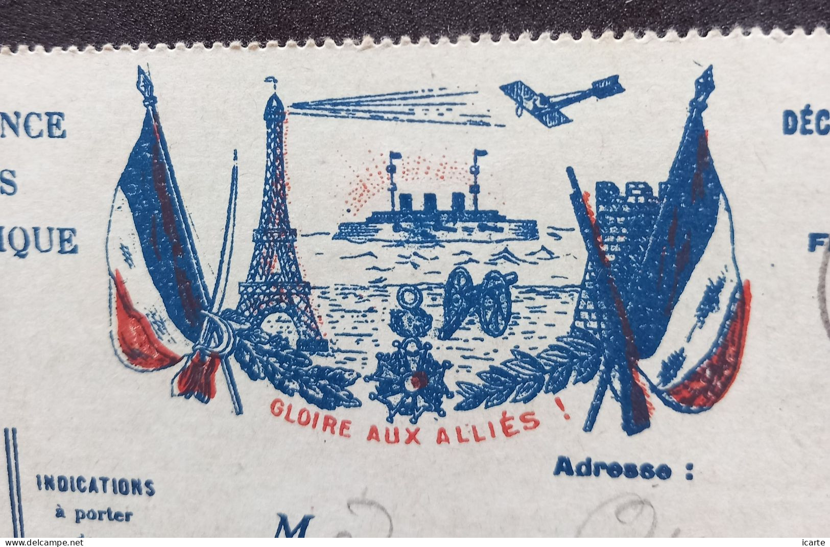 Carte De Franchise Militaire Illustrée Tour Eiffel Drapeaux Cuirassé Fusil Sabre Avion > La Ferté Milon 13 Mars 1915 - Guerre De 1914-18