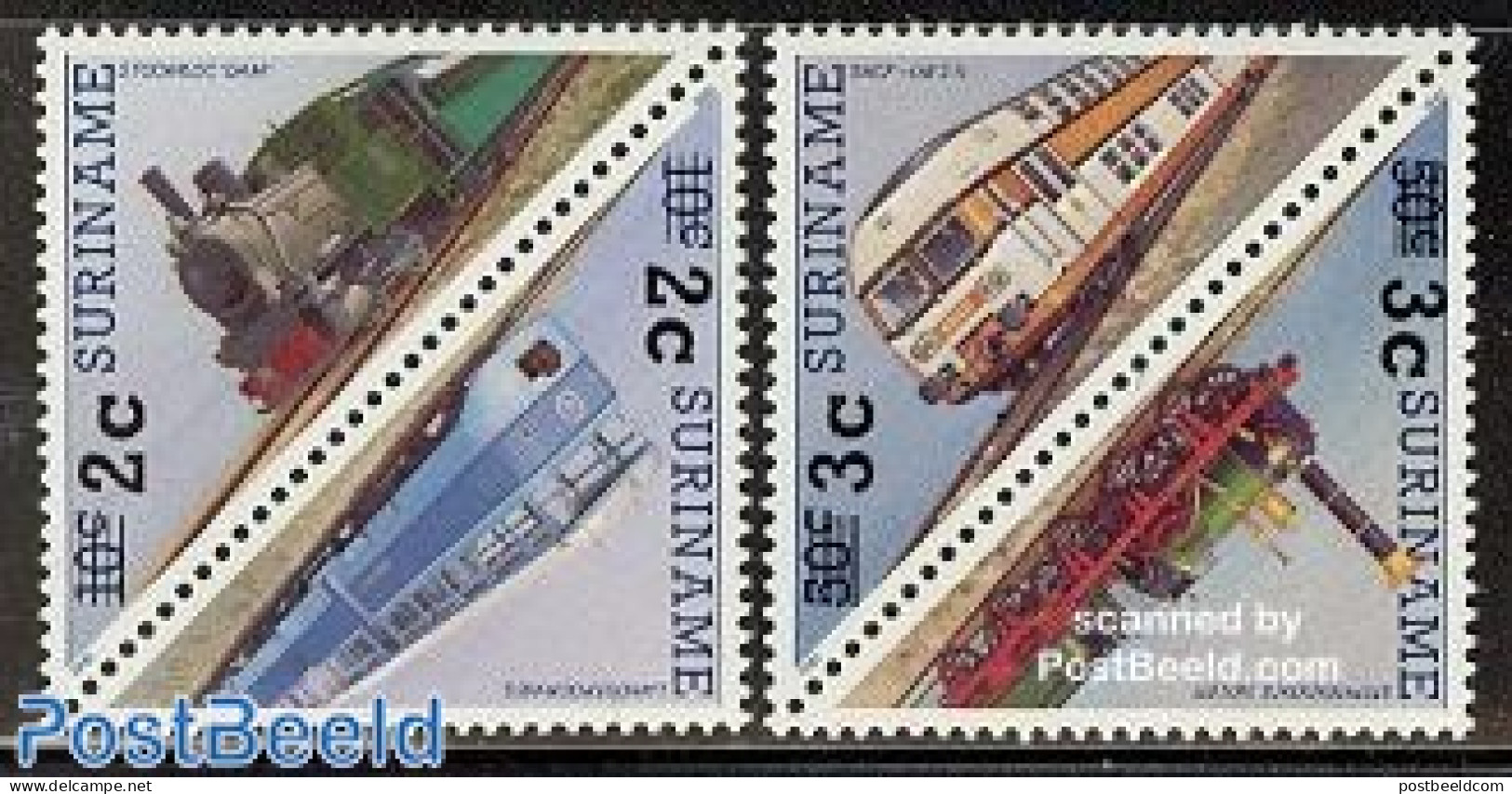 Suriname, Republic 1988 Railways Overprints 2x2v [:], Mint NH, Transport - Railways - Trains