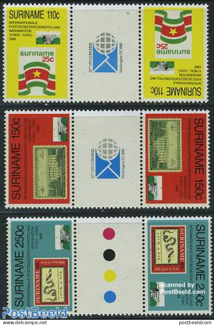 Suriname, Republic 1989 Washington 3v Gutter Pairs, Mint NH, History - United Nations - Stamps On Stamps - Timbres Sur Timbres