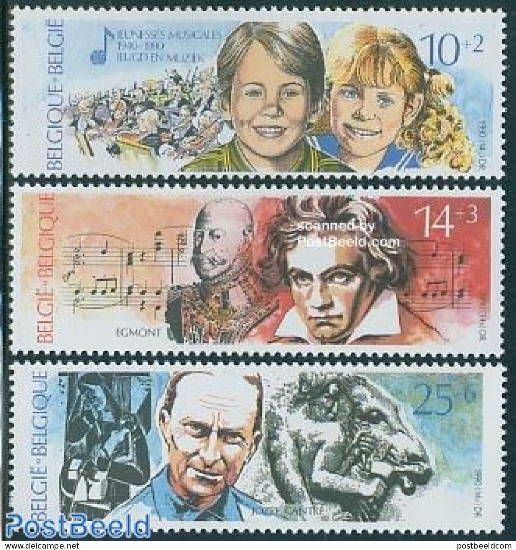 Belgium 1990 Culture 3v, Mint NH, Nature - Performance Art - Horses - Music - Nuevos