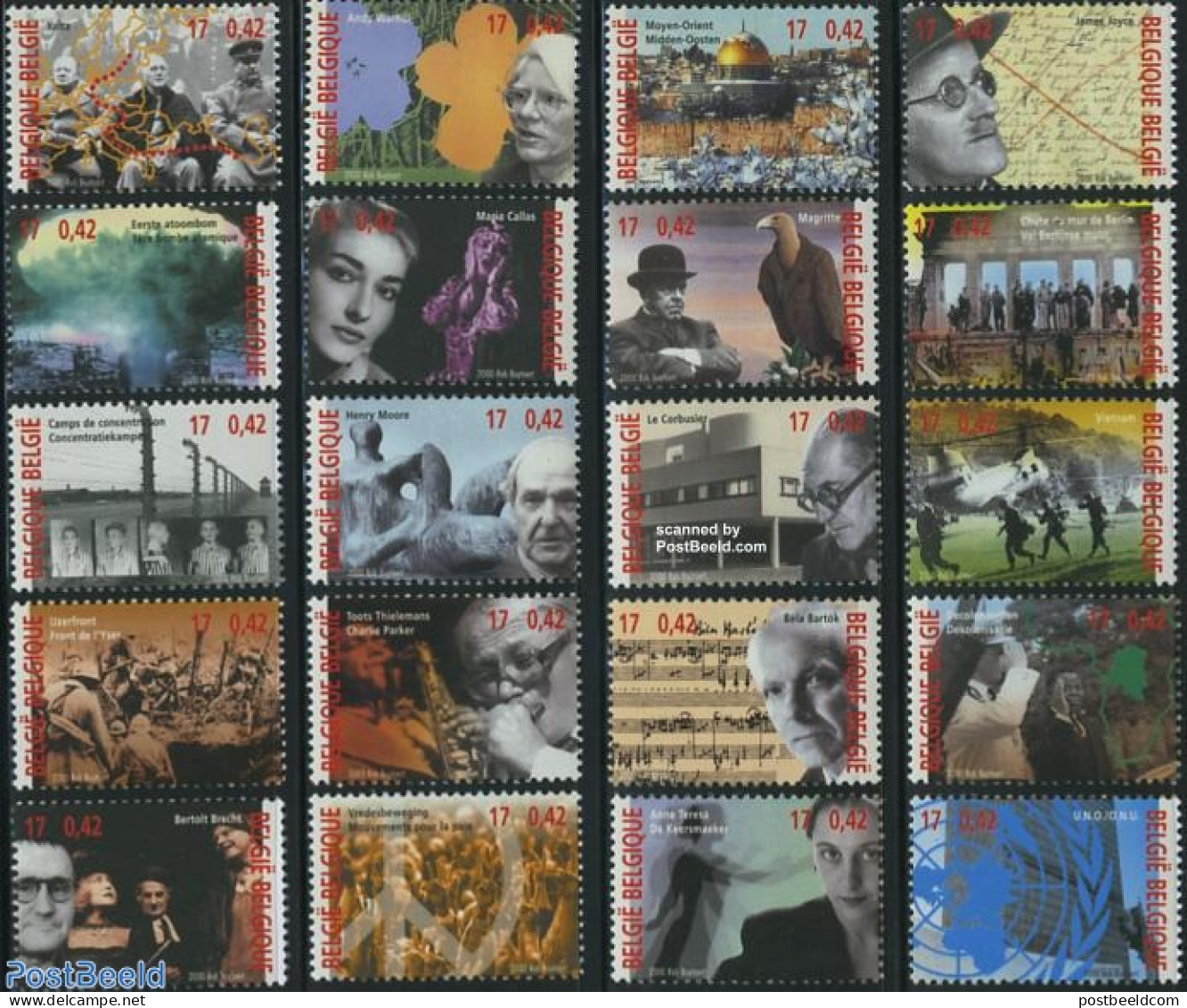 Belgium 2000 20th Century 20v, Mint NH, Nature - Performance Art - Transport - Birds Of Prey - Music - Helicopters - A.. - Nuevos