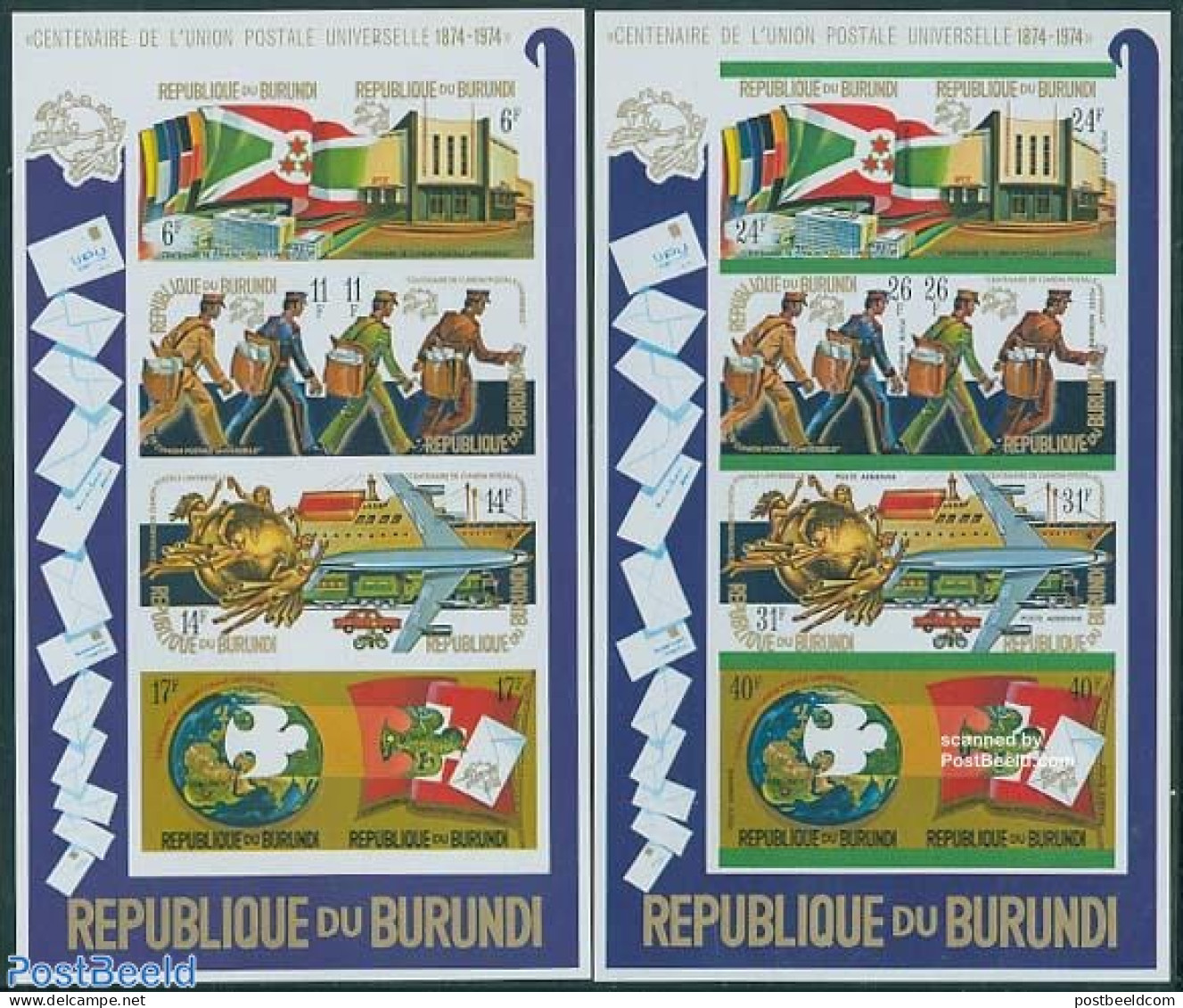 Burundi 1974 UPU Centenary 2 S/s Imperforated, Mint NH, Transport - Various - U.P.U. - Automobiles - Motorcycles - Air.. - U.P.U.