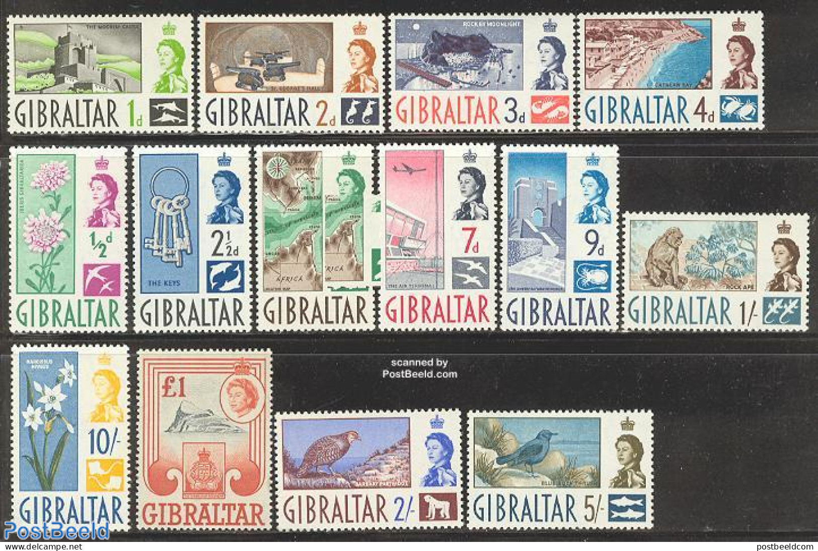 Gibraltar 1960 Definitives 14v, Unused (hinged), Nature - Birds - Flowers & Plants - Gibilterra