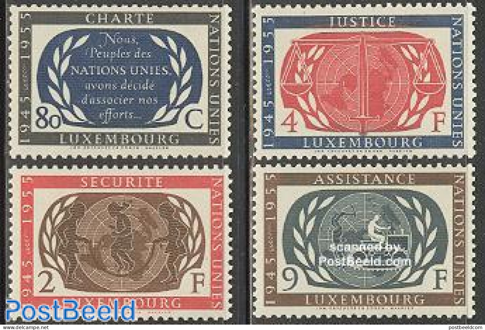 Luxemburg 1955 10 Years United Nations 4v, Unused (hinged), History - Science - Various - United Nations - Weights & M.. - Nuovi