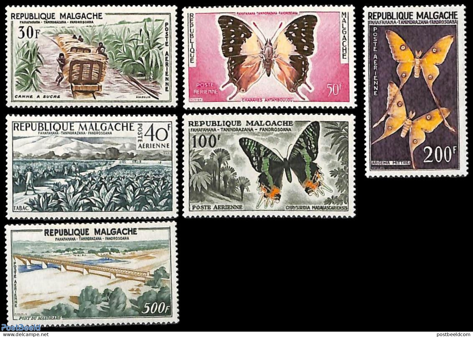 Madagascar 1960 Definitives 6v, Mint NH, Health - Nature - Transport - Various - Smoking & Tobacco - Butterflies - Rai.. - Tabak