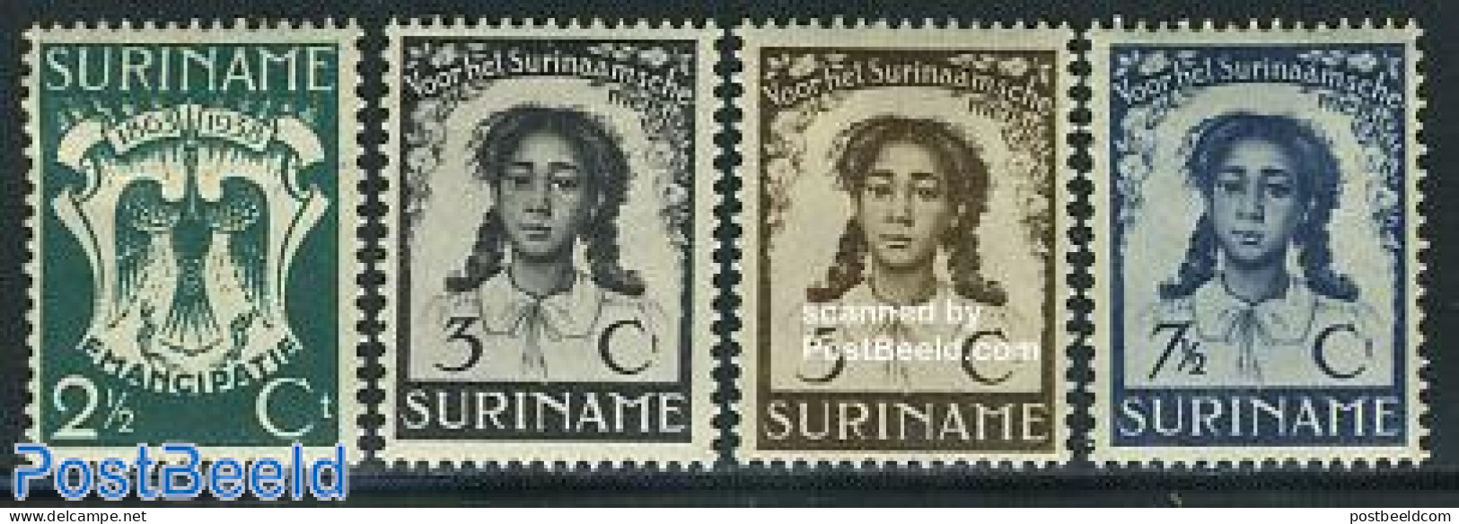 Suriname, Colony 1938 Slavery Abolishment 4v, Mint NH, History - Nature - Anti Racism - Women - Birds - Unclassified