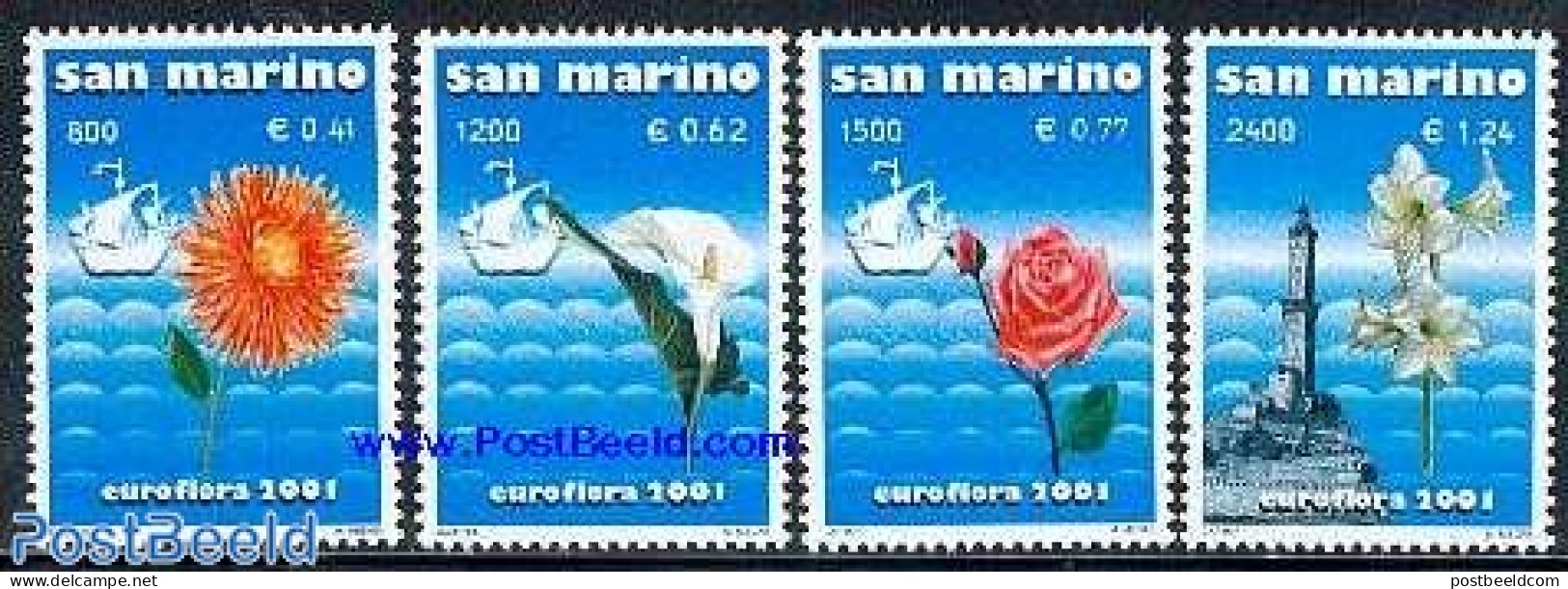 San Marino 2001 Euroflora 4v, Mint NH, Nature - Transport - Various - Flowers & Plants - Ships And Boats - Lighthouses.. - Unused Stamps