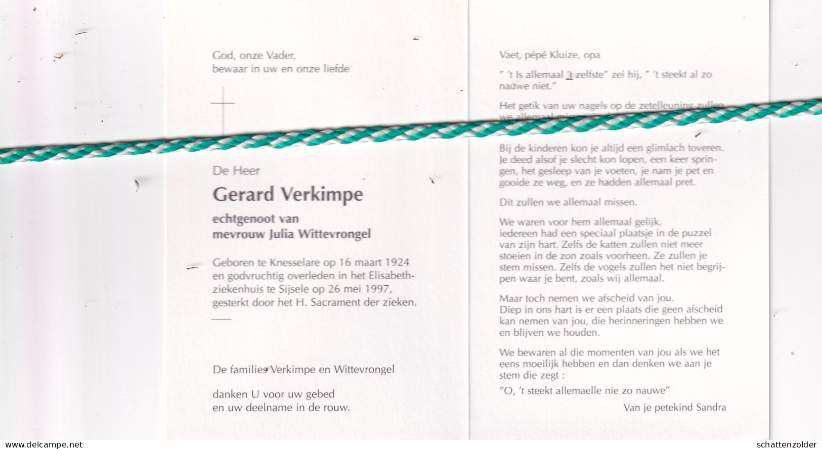 Gerard Verkimpe-Wittevrongel, Knesselare 1924, Sijsele 1997. Foto - Décès