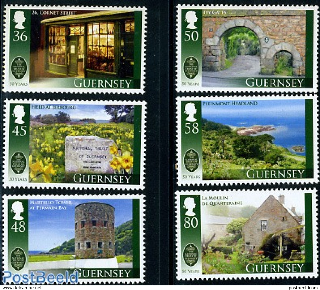 Guernsey 2010 50 Years National Trust 6v, Mint NH, Nature - Various - Flowers & Plants - Mills (Wind & Water) - Street.. - Molinos