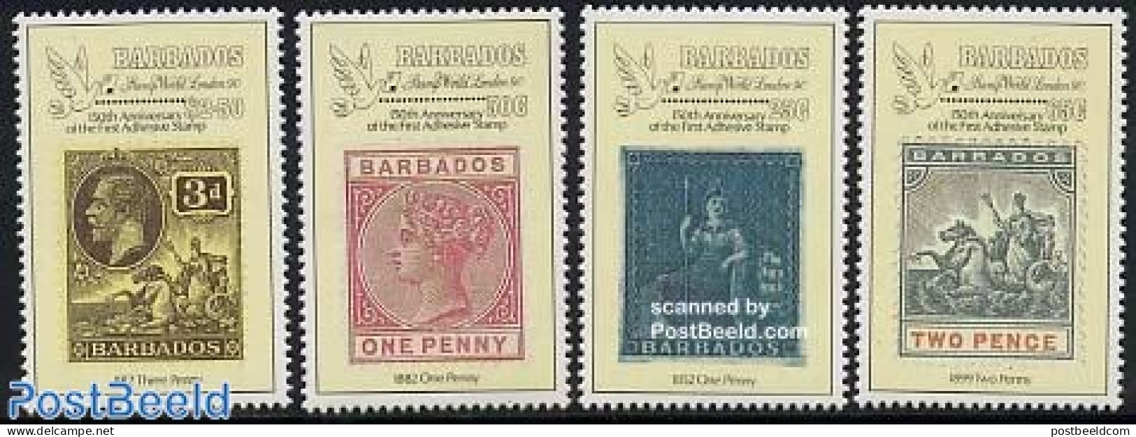 Barbados 1990 Stamp World 4v, Mint NH, Stamps On Stamps - Stamps On Stamps