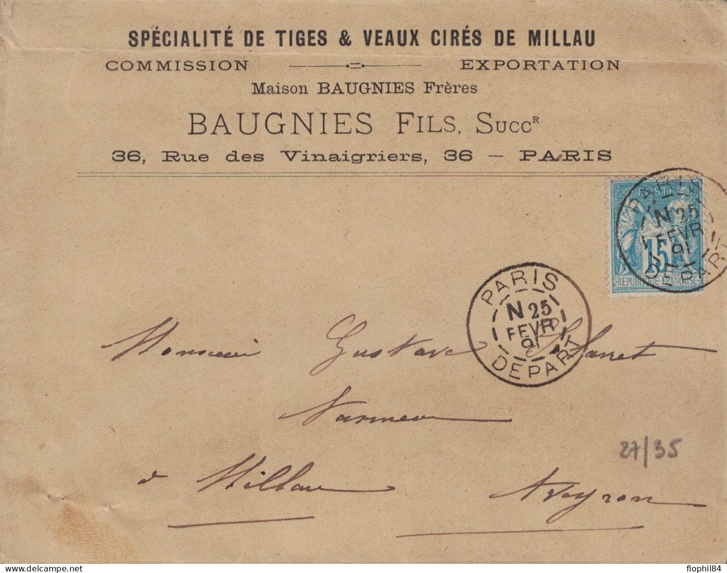 SAGE - PARIS DEPART - DATEUR AVEC MOYEN N POUR NUIT - ENVELOPPE DU 25 FEVRIER 1891. - 1876-1898 Sage (Type II)