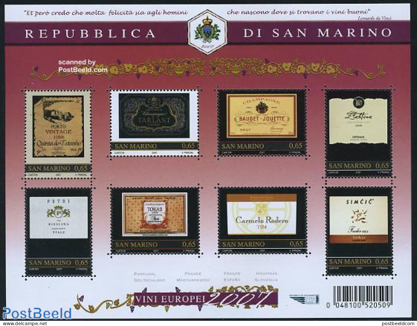 San Marino 2007 European Wines 8v M/s, Mint NH, Nature - Wine & Winery - Unused Stamps