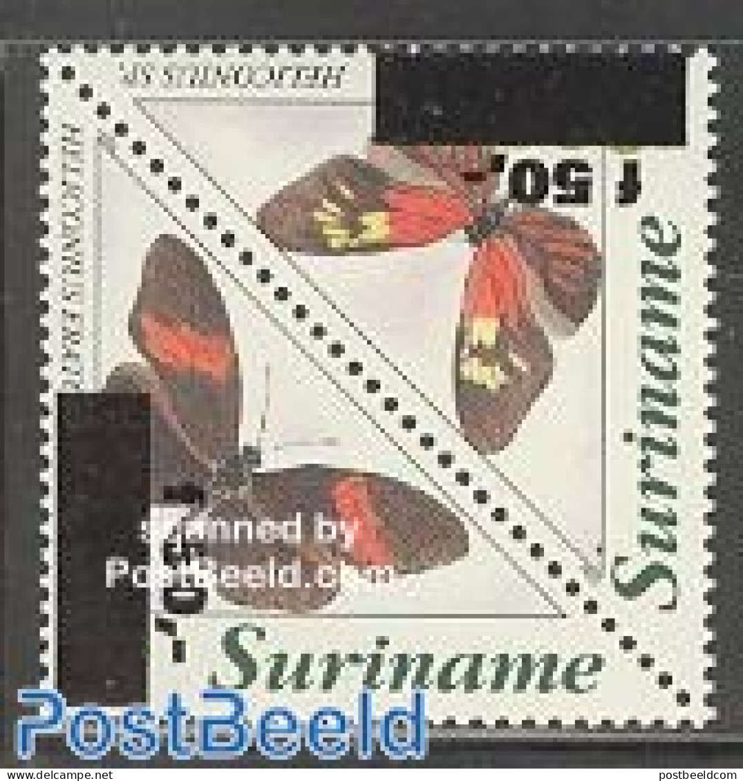 Suriname, Republic 1996 Butterflies Overprinted 2v (50g On 250g), Mint NH, Nature - Butterflies - Surinam
