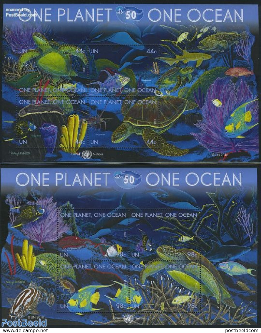 United Nations, New York 2010 One Planet, One Ocean 2 S/s, Mint NH, Nature - Fish - Turtles - Peces