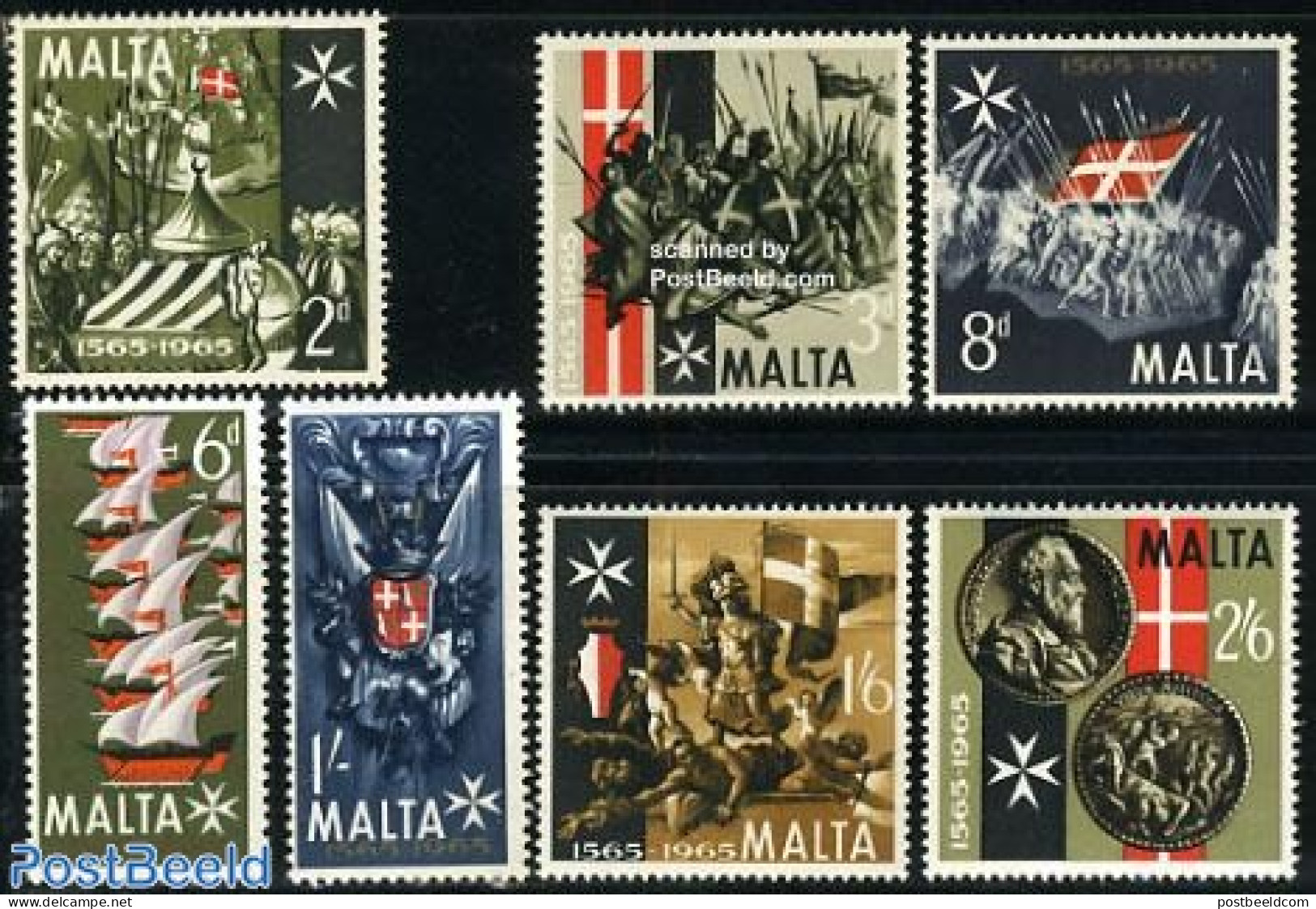 Malta 1965 Victory Of 1565 7v, Mint NH, History - Transport - Coat Of Arms - History - Militarism - Ships And Boats - Militaria