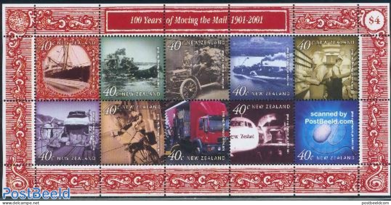 New Zealand 2001 Postal Service 10v M/s, Mint NH, Science - Transport - Computers & IT - Post - Automobiles - Aircraft.. - Ungebraucht
