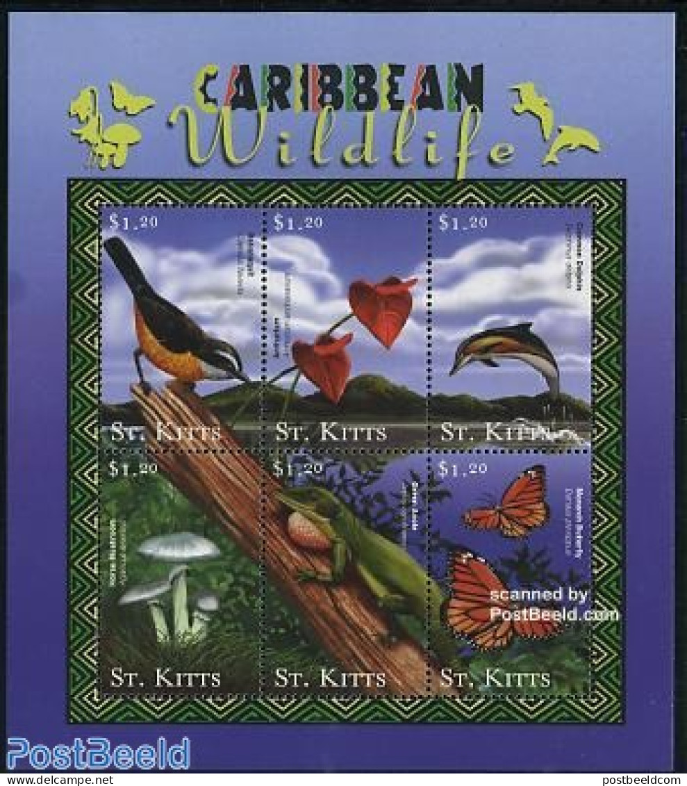 Saint Kitts/Nevis 2001 Caribbean Wildlife 6v M/s, Mint NH, Nature - Birds - Butterflies - Flowers & Plants - Mushrooms.. - Mushrooms