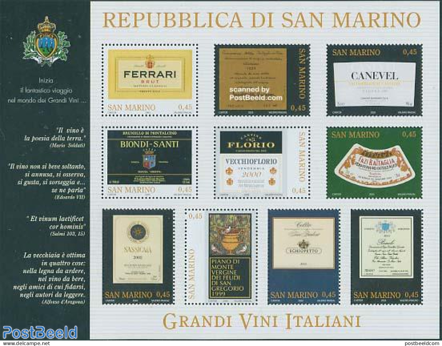 San Marino 2005 Italian Wines 10v M/s, Mint NH, Nature - Wine & Winery - Ungebraucht