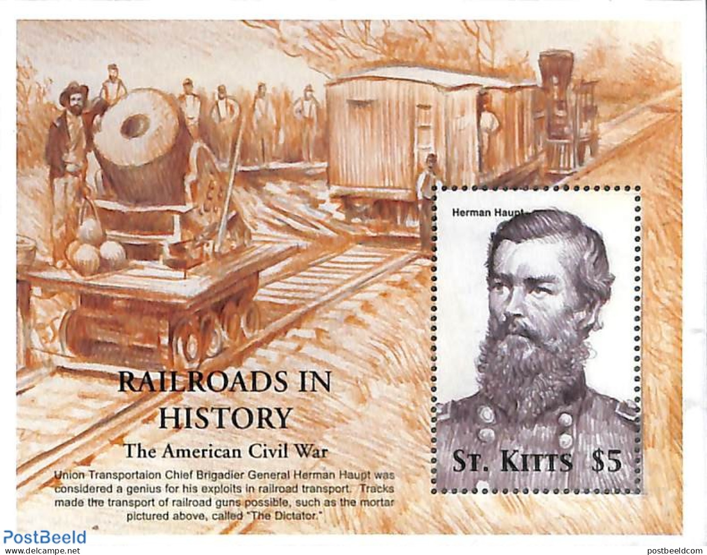 Saint Kitts/Nevis 2001 Railways S/s, Herman Haupt, Mint NH, Transport - Railways - Trains